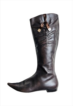 Christian Dior Knee High Boots Brown Leather Flat Bow 38 / 5