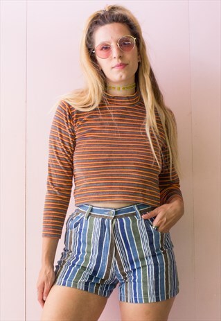 VINTAGE RAINBOW VELOUR POLO NECK CROP TOP