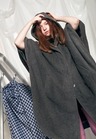VINTAGE WOOL COAT 60S MOD GREY HOODED GRUNGE CAPE