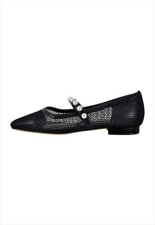 Square Toe Pearl Belt Mesh Flats