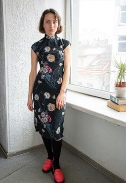 Vintage Black Floral Print Midi Skirt