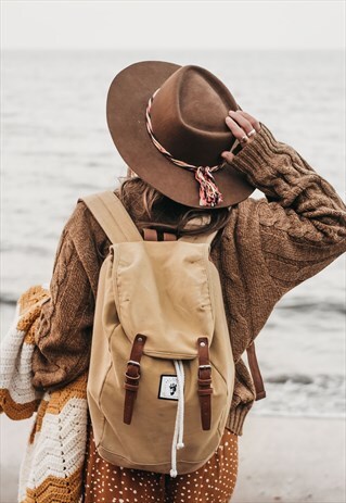 HIGH SEAS RUCKSACK BACKPACK WITH FAUX LEATHER STRAPS IN TAN
