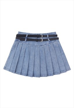 Pleated mini denim skirt in vintage wash blue