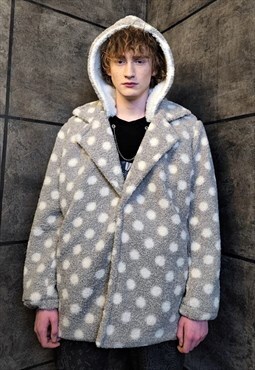 Polka dot fleece coat handmade 2in1 hood trench jacket grey
