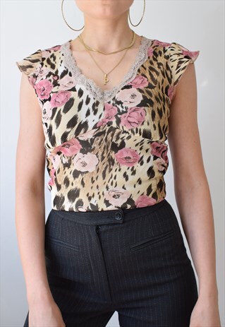 VINTAGE 90S Y2K ROSE ANIMAL PRINT LETTUCE SHEER MESH OVERLAY