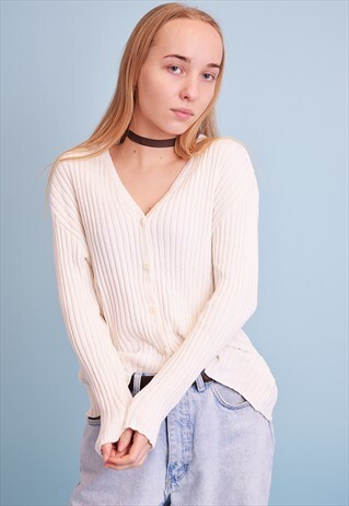90'S RETRO KNIT NEUTRAL MOMS CARDIGAN TOP BLOUSE
