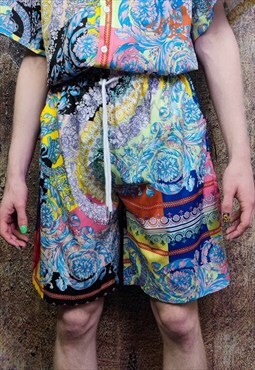 Fluorescent flower shorts rose print crop board pants yellow
