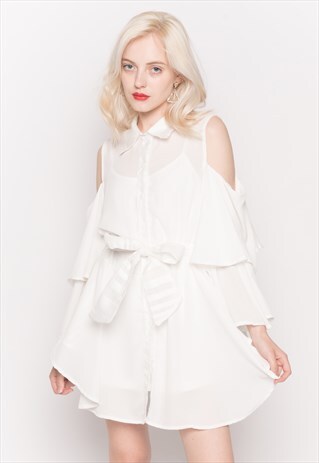COLD SHOULDER SHIRT WITH FLARED SLEEVES AND MESH BACK WHITE
