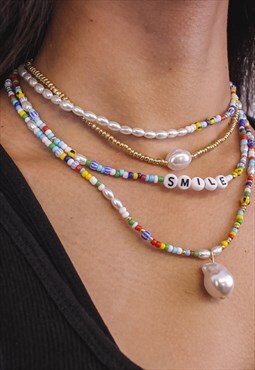 Layered Bead Mix Smile Letters Pearl Necklace 90s Y2K 