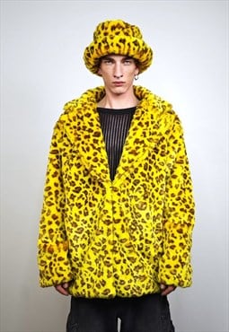 Yellow leopard coat faux fur trench oversize animal bomber