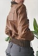 VINTAGE Y2K SPRING BROWN ZIP BOMBER RIB KNIT LEATHER JACKET