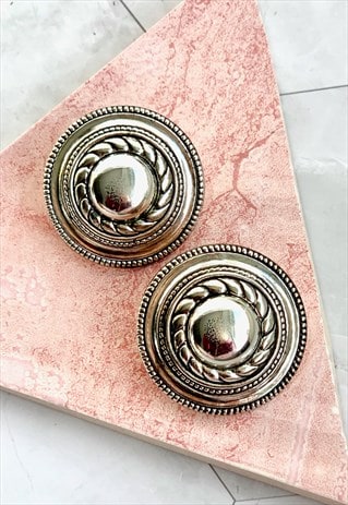 90S SILVER ROUND EARRINGS STATEMENT VINTAGE JEWELLERY 
