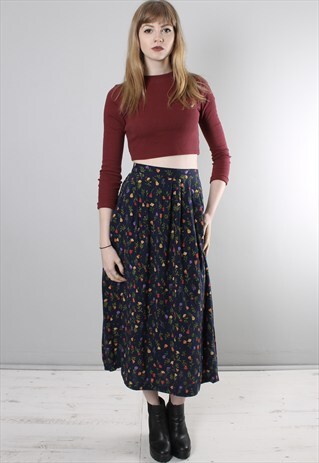 VINTAGE 80S NAVY BLUE FLORAL PATTERNED LONG MIDI SKIRT