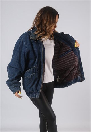 VINTAGE LINED DENIM BOMBER JACKET OVERSIZED UK 16 XL (GBCE)