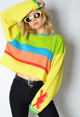 REWORKED VINTAGE 90S COLOURFUL STRIPED CROPPED JUMPER