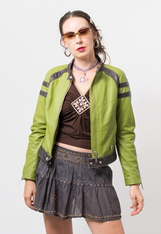 Vintage Biker green leather jacket Y2K cropped women
