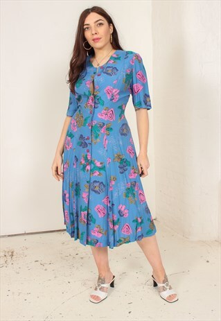 VINTAGE 90S BLUE MIDI DRESS WITH ROSE FLORAL PRINT