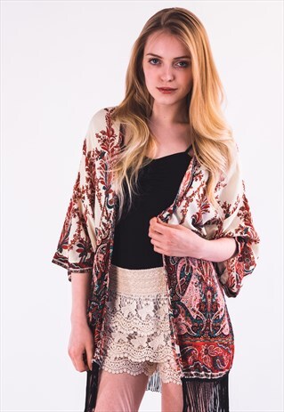 PAISLEY PRINT FRINGE KIMONO CARDIGAN TOP (RED)
