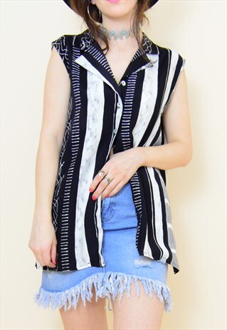 VINTAGE 90S BLACK & WHITE BOHO STRIPED FESTIVAL SHIRT