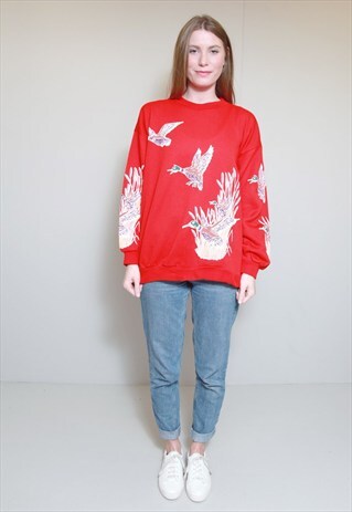 VINTAGE 1990'S SOFT RED BOYFRIEND FIT DUCK PRINT JUMPER