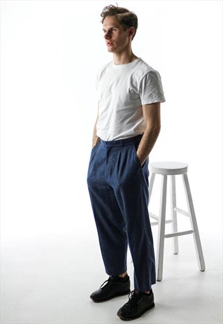 NAVY PLEADED PANTS / BAGGY RETRO TROUSERS