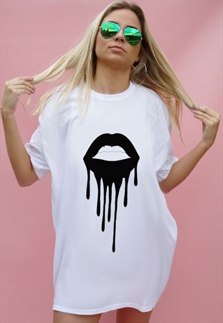 BLACK DRIP LIP PRINT OVERSIZE TEE