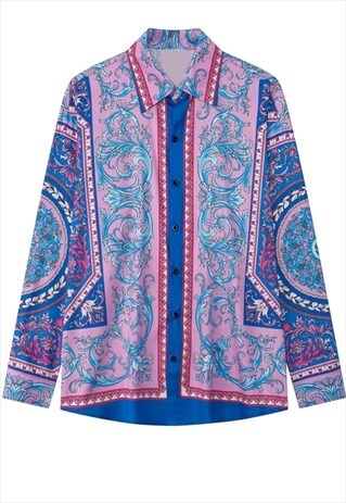 Baroque shirt high fashion print long sleeve blouse in blue