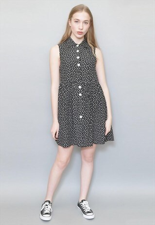 VINTAGE 1990'S BLACK AND WHITE FLOWER PRINT MINI DRESS