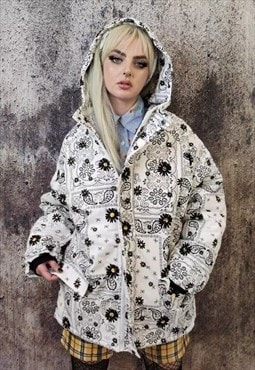 Paisley bomber jacket Bandanna daisy puffer in white