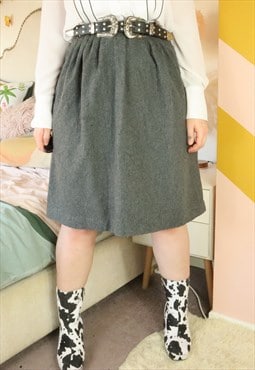 Vintage 50s Grey Monochrome Wool Woollen Flare Skirt Mod