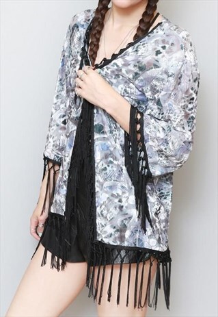 VINTAGE STYLE GREY/SILVER SILK VELVET TASSEL FESTIVAL KIMONO
