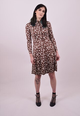 VINTAGE 70'S BROWN CRAZY PRINT DAGGER COLLAR DRESS 10 TO 12