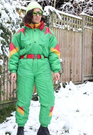 Vintage 1990s colour block skisuit in green yellow and red