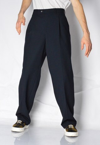 VINTAGE 90S NAVY BLUE MINIMALIST WOOL BLEND PANTS