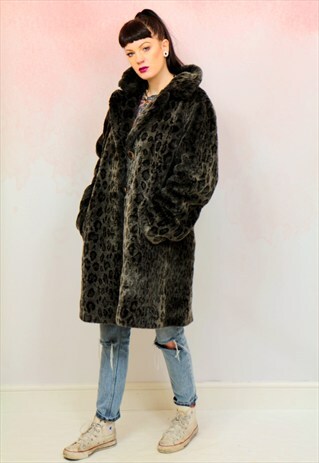 1980S VINTAGE GREY LEOPARD PRINT SOFT FAUX FUR COAT