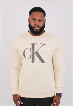 Vintage Men's 90's Calvin Klein Cream Crewneck Sweatshirt