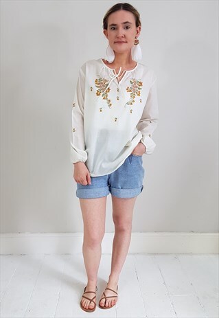VINTAGE 90'S COTTON BOHO TIE NECK EMBROIDERED TOP