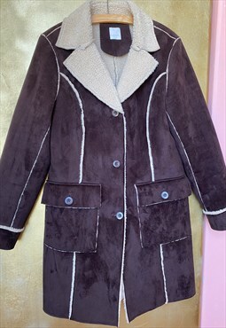 French Suede Brown Coat Cream Fur Lining  Size 8/10