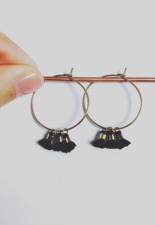 BLACK MINI TASSEL GOLD HOOPS