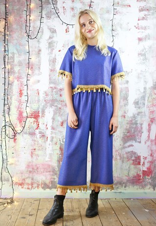 TASSEL CROPPED PANTS & TOP CO-ORDINATES BLUE GOLD SPARKLE