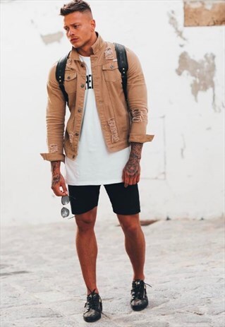 LIQUOR N POKER - DENIM JACKET IN TAN WITH DISTRESSING