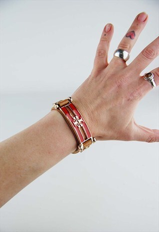 VINTAGE TAN LEATHER CUFF WITH GOLD/RED HARDWARE