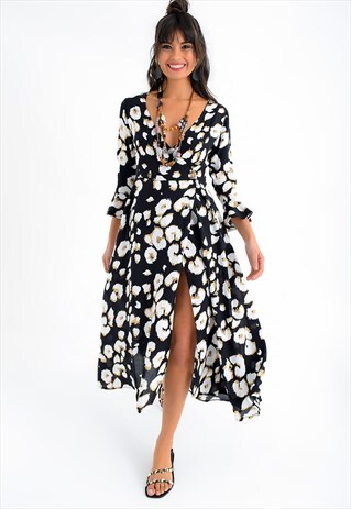 BLACK FLORAL LONG DRESS WHITE
