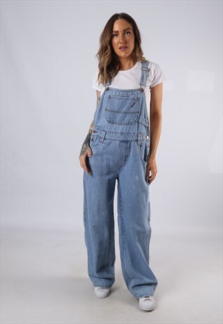 VINTAGE DENIM DUNGAREES WIDE LEG UK 10 SMALL (HC3T)