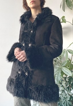 Vintage Y2K 00's Faux Fur Button Up Borg Trim Afghan Coat