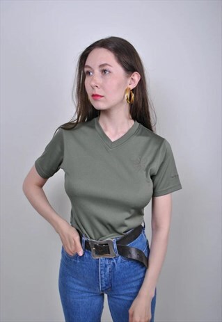 90S KHAKI GREEN VNECK TSHIRT WITH FLOWER EMBROIDERY, SIZE S