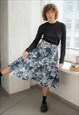 Vintage 70's Blue/White Flower Patterned Midi Skirt
