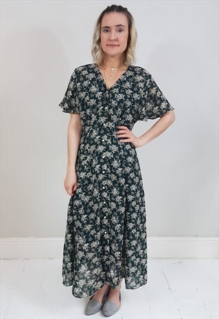 VINTAGE 90'S GREEN FLORAL LIGHTWEIGHT BUTTON DOWN DRESS