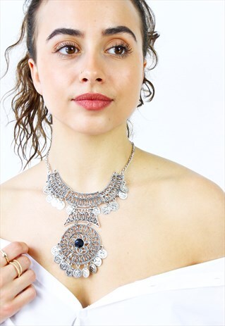 SILVER COIN ETHNIC BOHO FESTIVAL CHUNKY STATEMENT NECKLACE