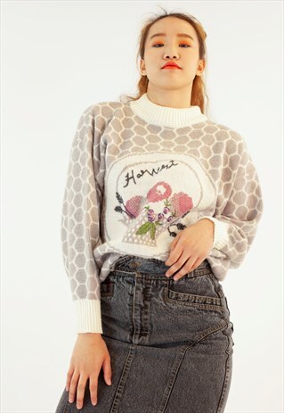 VINTAGE 80S JUMPER PURPLE WHITE PINK FLORAL GEOMETRIC KNIT